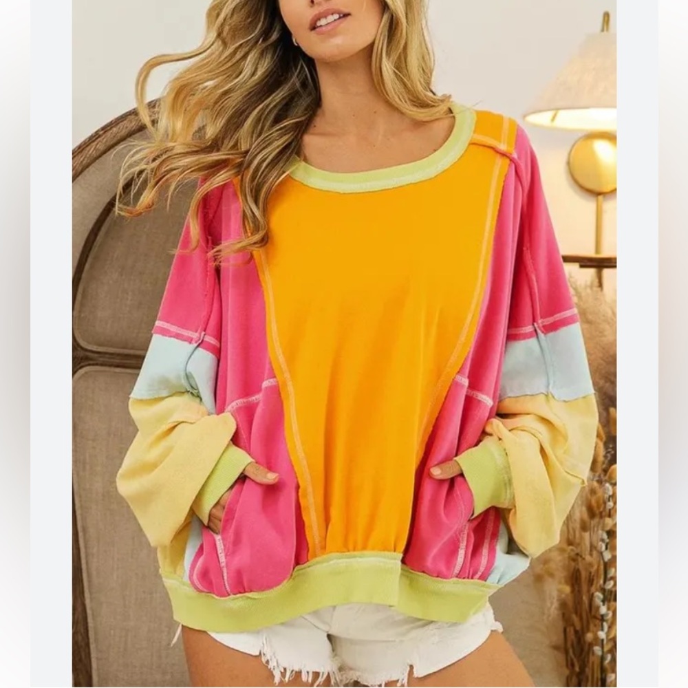 BiBi colorful patchwork exposed stitching colorblock oversized crewneck top XL